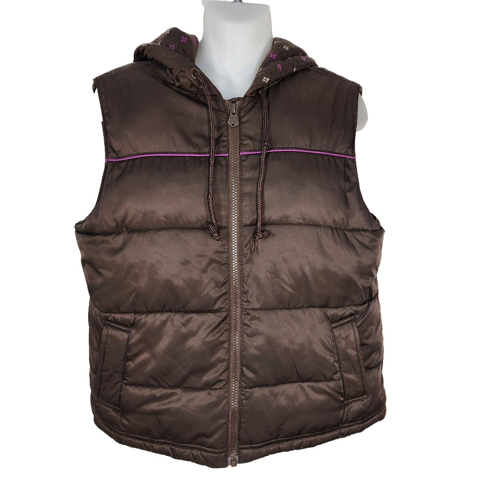 Old Navy Vest Puffer Womens Medium Cozy Hoodie Fleece Lined Hooded Brown Wool